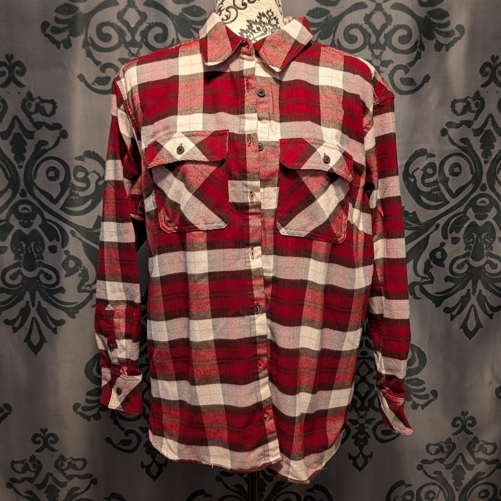 🖤 Thick Warm Plaid Button Down Shirt - Red/White- Wind River- Oversized Small